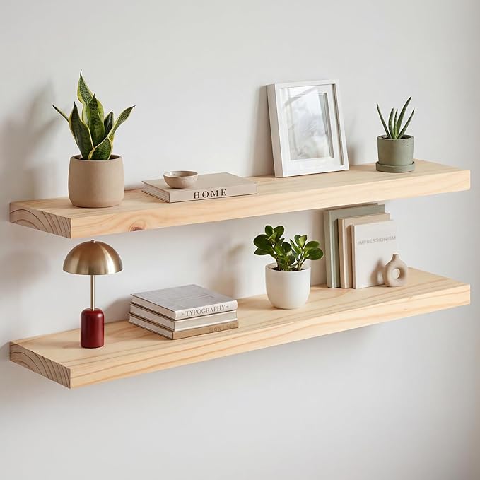 Homeforia 36 inch Natural Floating Shelf, High End Solid Real Wood 36inch Small Floating Shelves for Wall Mounted, Natural Wooden Floating Shelves, Heavy Duty Bracket, 36 X 6.5 X 1.75 in, Set of 2