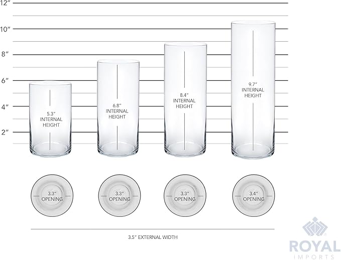 Royal Imports Glass Cylinder Vases for Centerpieces – Set of 24 Clear Hurricane Vases for Wedding, Table Decor, Floating, Flowers, Candle Holders, Extra Tall Clear Vase Set, 6” / 8” / 9” / 11”