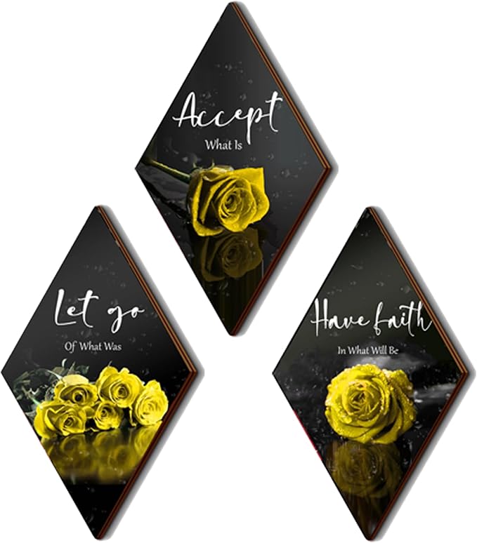 3 Pcs Yellow Rose Bathroom Wall Decor Flower Yellow Decor Inspirational Wooden Wall Art Office Wall Decor with Accept Let Go Have Faith Sign for Girl Women Bathroom Living Room Bedroom(yellow 12 x 7")