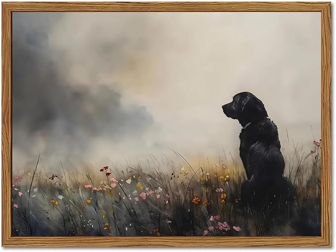 Framed Vintage Black Dog Canvas Wall Art, Rustic Hunting Dog in Wildflower Meadow Pictures Wall Decor, Farmhouse Animal Nature Paintings Prints Home Decor for Living Room Bedroom 16x24 inch