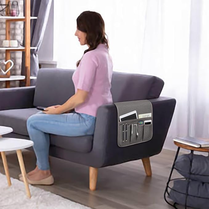 NB Remote Control Holder，Bedside & Armchair & Couch Caddy with Non-Slip Base，5 Pockets Oxford Fabric Bed Desk Storage Pocket for Phone Tablet Kindle Magazines，Gifts for Seniors (Dark Grey, 35"X12.4")