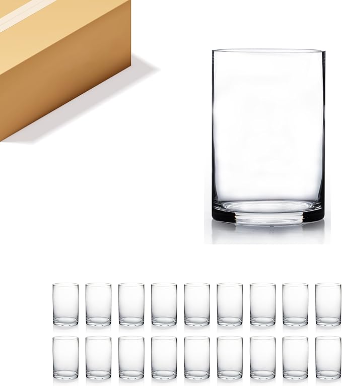 WGVI Quality Thick Weighted Clear Cylinder Glass Vases, 4" W x 6" H, Flower Arrangement Glass Candle Holders Wedding Centerpieces Terrarium Planter Pen Brush Storage Container, Bulk Wholesale, 18 Pcs