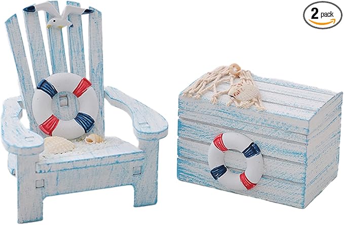2 Pack Wooden Handmade Mini Chair Box Beach Decor Nautical Theme Decoration for Home Office Desk (Life Ring)