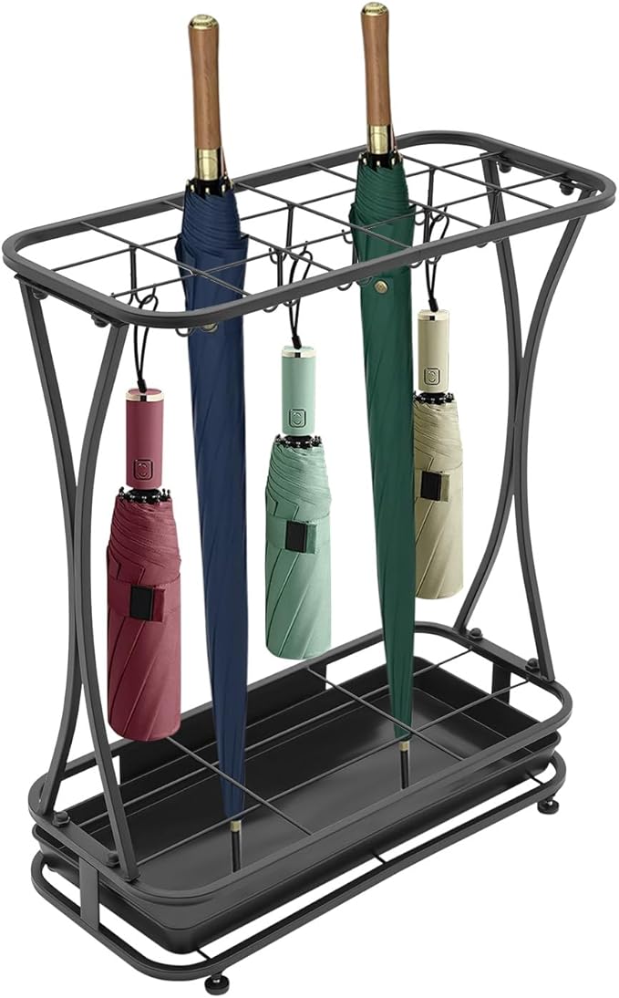 Umbrella Holder Stand,Metal Umbrella Holder Stand with Removable Drip Tray,Industrial Free Standing Umbrella Rack Organizer for Entryway Home Office Patio Decor,18 Slots 20 Hooks