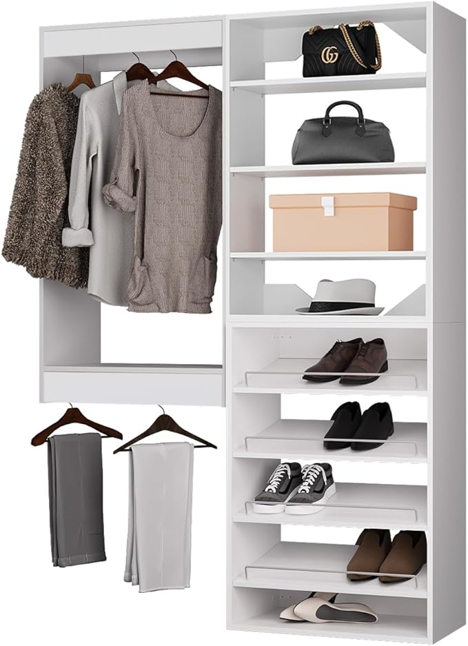 ROOMTEC Modular Closet System, 58" Wall Mounted Closet Organizer with Hanging Rods and Shoe Shelf, Wooden Tower for Walk-In Closets, Wardrobe Storage Kit, White