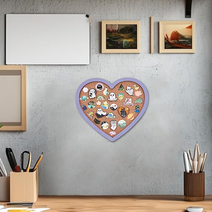 BENECREAT Purple Heart Pin Cork Board Bulletin Display Board, Wall Mounted Cork Board for Brooch Pin Storage, Office Home Festival Valentine's Decor, 6.9x7.8inch