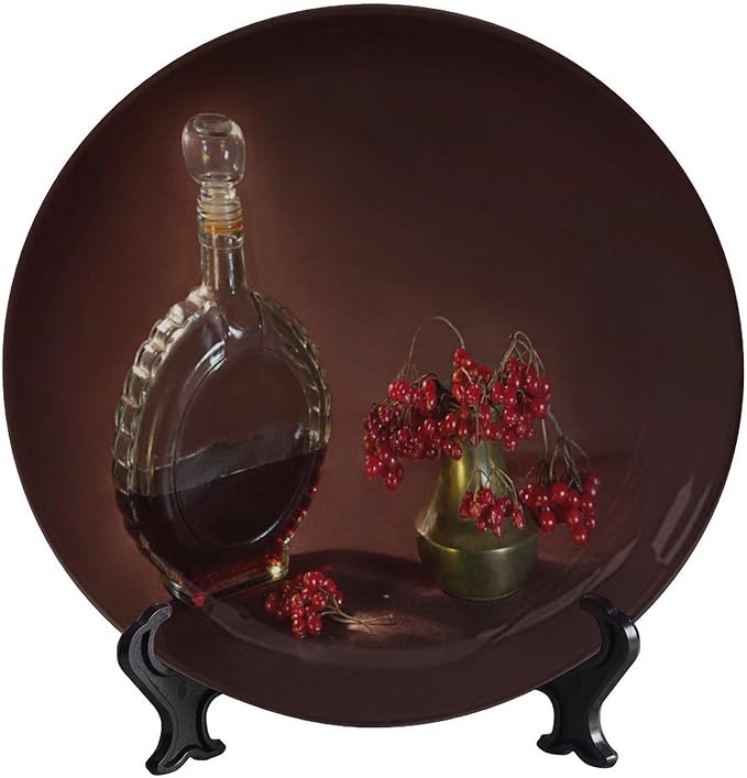 WineDecorative Plate Holder, 10 Inch, Red Wine Bottles and Fruits Round Display Plate, Home Wobble-Plate with Display Stand, for Kitchen Living Room Office Countertop Decor