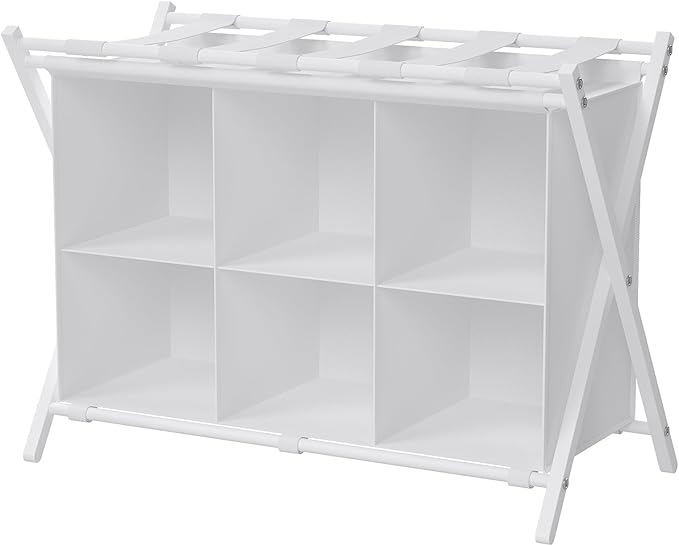 Luggage Rack for Guest Room, Folding Suitcase Stand with 6-Cube Fabric Storage Shelf, Luggage Holder, Steel Foldable Luggage Stand for Guest Room, Bedroom, Hotel, White