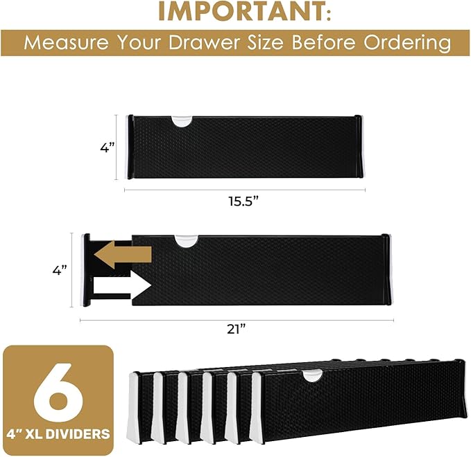 RAPTUROUS Adjustable Drawer Dividers 6 Pack, 4” High, 15.5-21” Long, Dresser Drawer Organizer for Bedroom, Closet, Kitchen, Nursery, Office, Strong Hold, Soft Foam Edges, Black