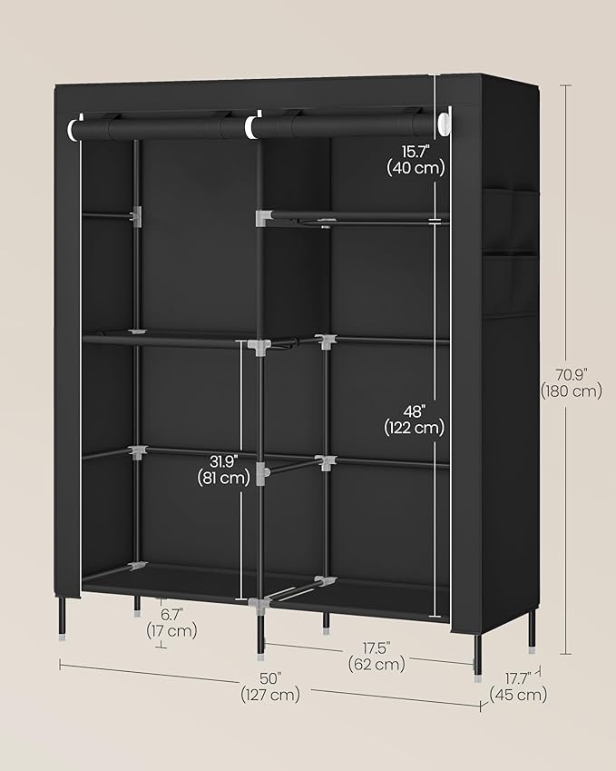 SONGMICS Portable Closet, Fabric Wardrobe, Clothes Rack with Shelves, Pockets, Large Capacity, 3 Hanging Rods, 50 x 17.7 x 70.9 Inches, Black URYG010BZ02