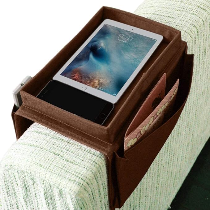 Sofa Armrest Organizer, Couch TV Remote Storage Organizer with Pockets for Recliner Armchair Snacks Glasses Smartphone Magazines Pouch (Brown+Brown)