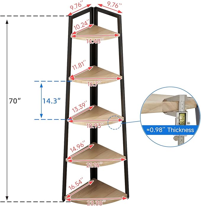 5 Tier Tall Corner Shelf,70 inch Solid Wood Rustic Corner Bookshelf Bookcase Industrial Ladder Shelf,Display Wooden Plant Stand Shelving Unit Shelf for Living Room,Kitchen,Home Office (Natural finish)