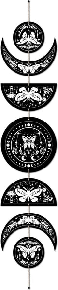 CREATCABIN 7Pcs Moth Tarot Moon Cycle Wall Hanging Half Round Wood Pendant Moon Hang Moon Phase Home Ornaments Wooden Moon Wall Decor Supplies for Bedroom Farmhouse Gallery Apartment Bar 37.1x6.3in