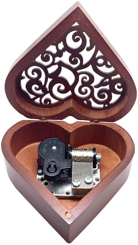 Pursuestar Beauty and The Beast Wind Up Music Box, Heart Shaped Vintage Wood Carved Mechanism Musical Gift for Lover Girlfriend Wife Husband Valentine's Day Mother's Day Christmas Anniversary