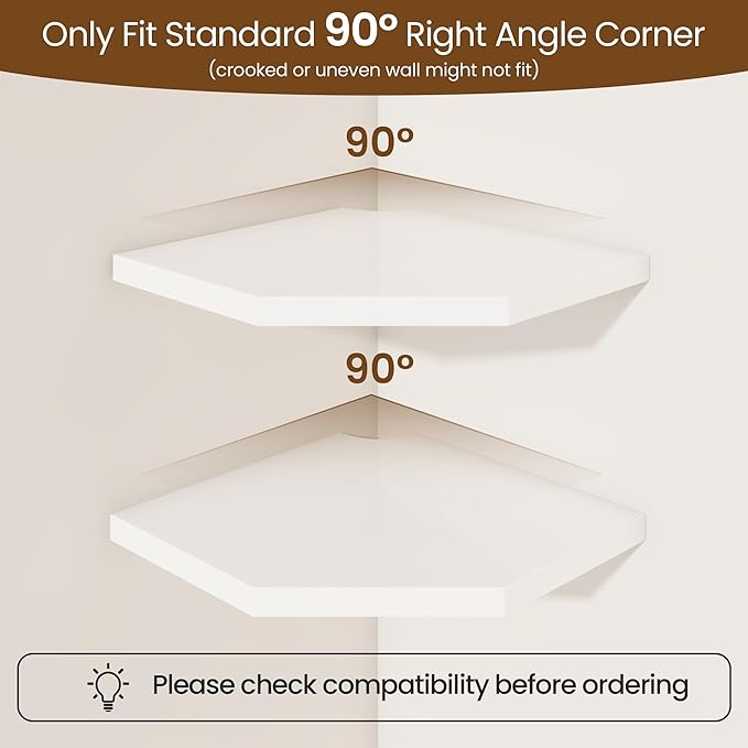 Fun Memories Corner Shelf Wall Mount Set of 2 - Solid Oak Wood Floating Corner Shelf with Cable Hole, 8.5in Rustic Design for Bedroom, Living Room, Kitchen (White)