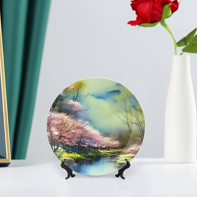 Decorative Plates for Home Decor, Spring Forest Painting Pink Blue Green Decor Tray for Table Display, Ceramic Dinner Plate w/Stand, Living Room Dining Room Decor, Housewarming Gifts, 6 Inch