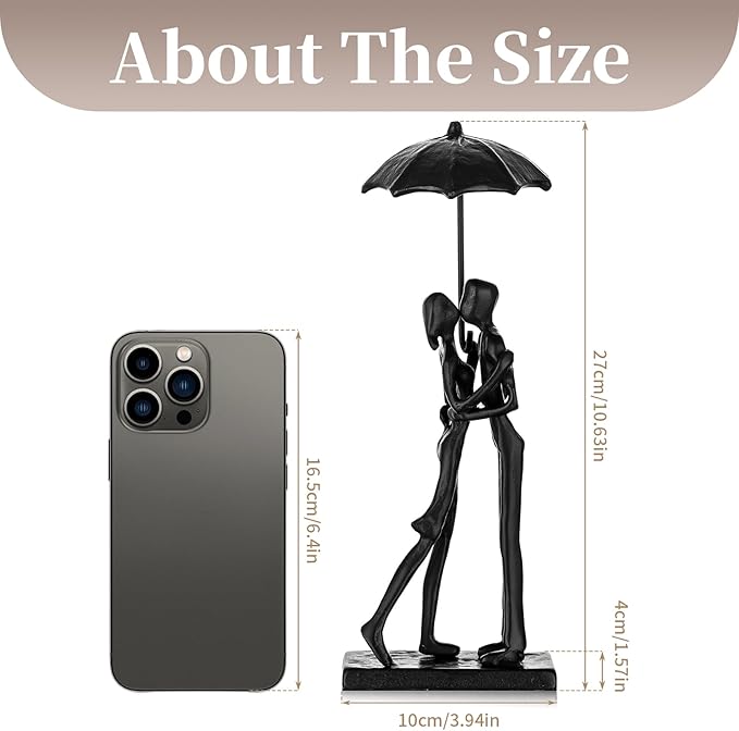 Sziqiqi Iron 6th Sculpture for Wife - Black Metal Couple Statue Kissing Under Umbrella Man Woman Sculpture Figurines for Shelf Mantel Fireplace Entry Bookshelf Television Room