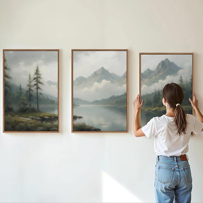 SIGNINART Large Green Forest Framed Canvas Wall Art Set, Misty Mountain Lake Wall Decor, Modern Foggy Wood Landscape Artwork, Nature Oil Painting Art Print for Living Room, Bedroom, Office 24"x36"x3