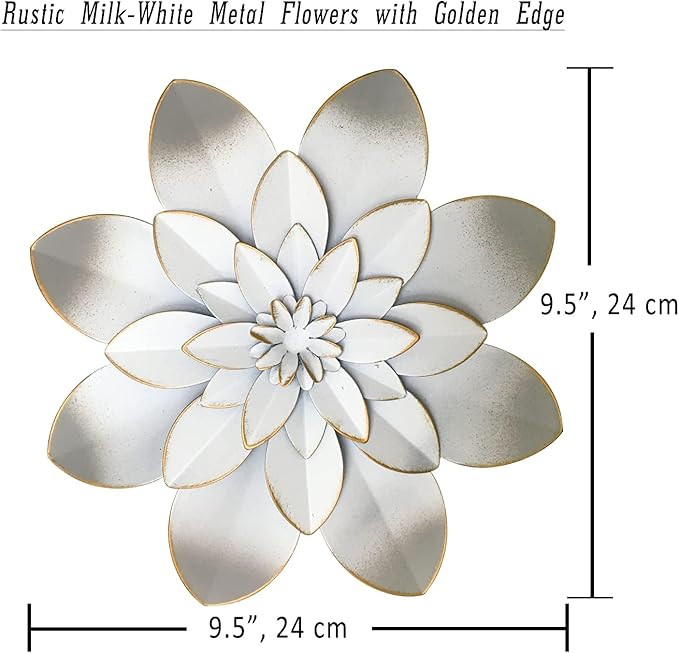 White Metal Flower Wall Art Decor, 9.5“ Rustic Modern Floral Sculpture, Distressed Hanging Home Decoration Accent Artworks for Indoor Bedroom Living Room Office Outdoor Garden Patio