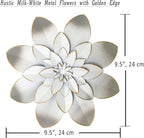 White Metal Flower Wall Art Decor, 9.5“ Rustic Modern Floral Sculpture, Distressed Hanging Home Decoration Accent Artworks for Indoor Bedroom Living Room Office Outdoor Garden Patio