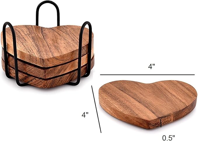Samhita Acacia Wood Heart Shape Coaster Set of 4 with Iron Holder for Coffee Table Décor Housewarming Gift New Home Kitchen Décor