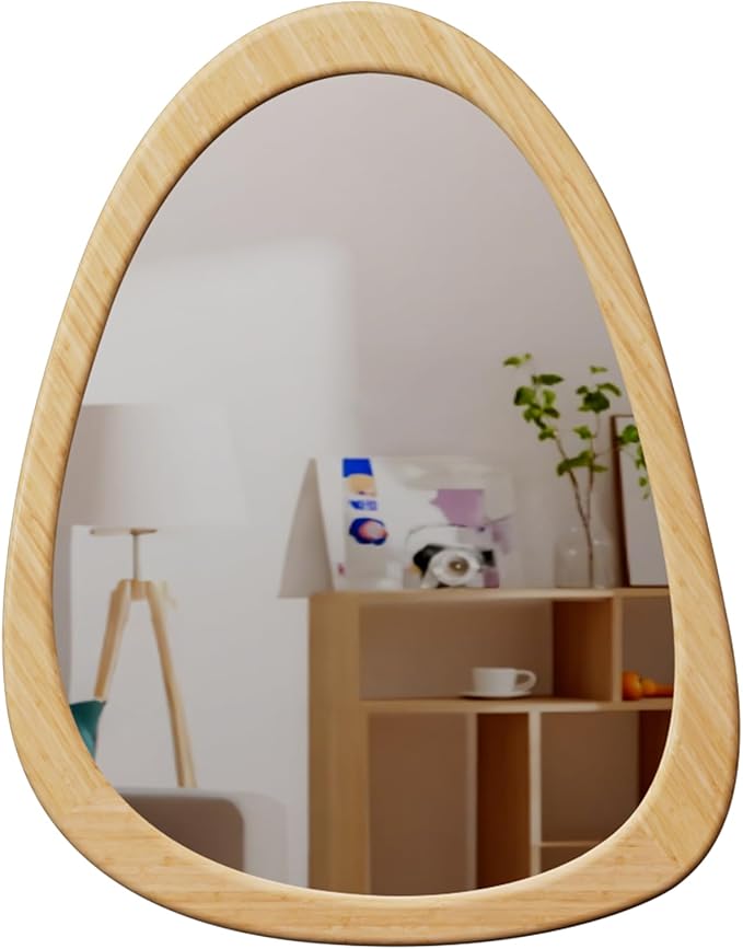 34" x 26" Irregular Wall Mirror, Natural Wooden Framed Asymmetrical Wall Mirror for Living Room Bedroom Bathroom Entryway, Modern Decorative Hanging Hook