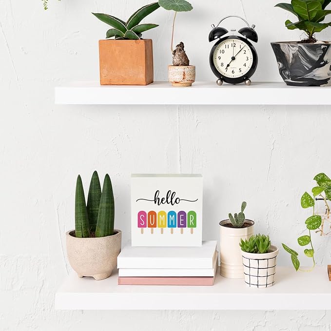 IYEZH Farmhouse Hello Summer Popsicles Wooden Box Sign Rustic Country Summer Box Sign Wood Sign Decor Summer Square Wood Sign Home Desk Tabletop Shelf Decor 5 x 5