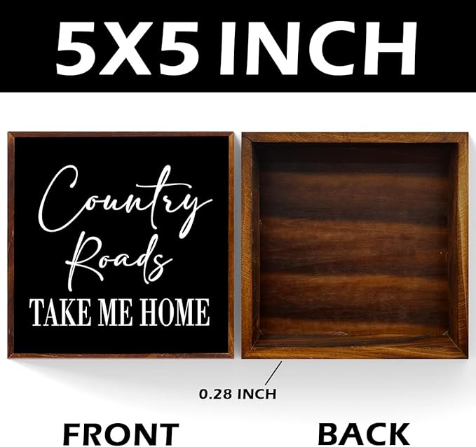 Country Roads, County Home Farmhouse Decor - Wooden Box Sign, Rustic Wood Plaque for Home, Kitchen, Bathroom - Black