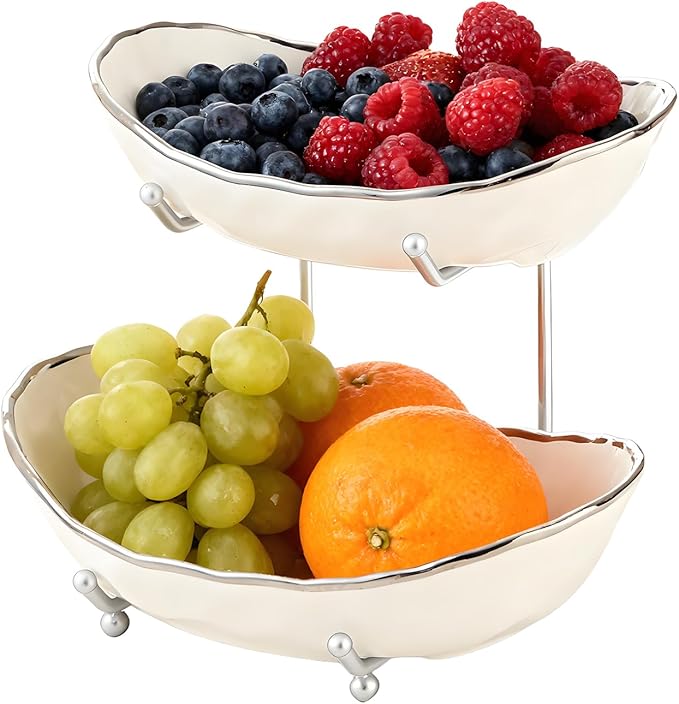 jessie 2 Tier Ceramic Fruit Bowl for Kitchen Counter with Metal Rack, Fruit Basket with Stand, Porcelain Bowls for Vegetable Bread Candy Snack Nuts Dessert Cake Tray (Silver 2 layer)