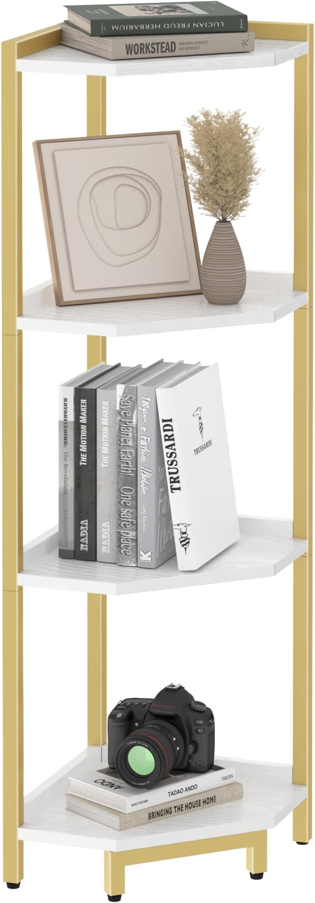 Hzuaneri Corner Shelf Stand, Corner Bookshelf, Storage Standing Shelf Unit with Metal Frame, Plant Stand, Bookcase for Living Room, Home Office, Bedroom, 4-Tier White Gold CS05803A
