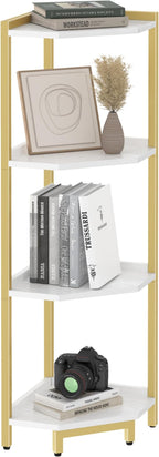 Hzuaneri Corner Shelf Stand, Corner Bookshelf, Storage Standing Shelf Unit with Metal Frame, Plant Stand, Bookcase for Living Room, Home Office, Bedroom, 4-Tier White Gold CS05803A