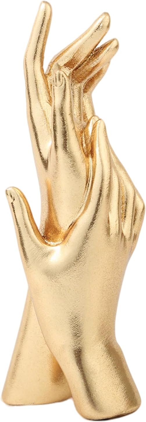 Golden Hands Sculpture - Elegant Resin Statues for Aesthetic Shelf Decor, Office Desktop & Cabinets | 3.54" D x 2.36" W x 9.06" H, Interlocking Hands