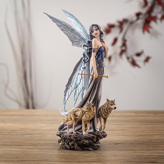 Pacific Giftware Moonlight Fairy with Wolves Fantasy Figurine with Glittering Wings and Guardian Wolves Perfect for Nature and Fantasy Decor Collectible Figurine 10 Inches Tall