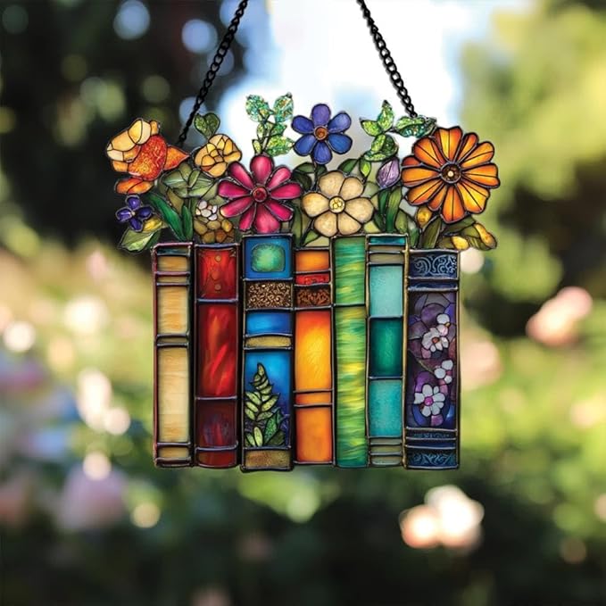 Flower and Books Acrylic Suncatcher, Book Suncatchers for Window Hangings, Bookish Gifts for Readers Book Lovers Bookworm, Gift for Mother's Day, Women, Mom, Wife, Grandma
