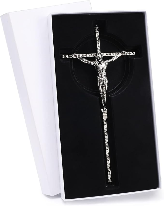 DCCXN Crucifix Wall Cross, Catholic Silver Metal Wall Crucifix with Custom Engraving Design for Home Decor - 10 Inch