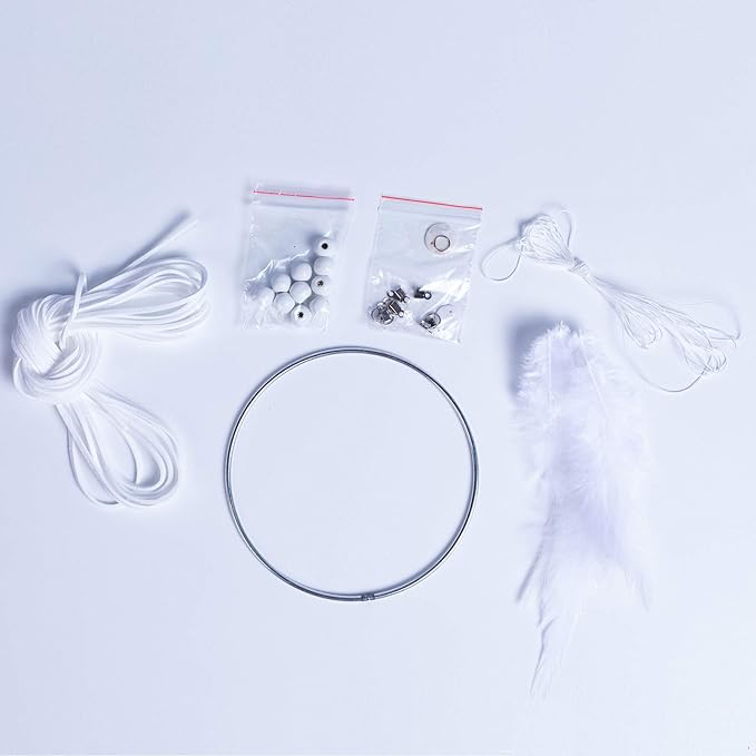 DIY Dream Catcher Beginner Kit, Making Dream Catcher Supplies Include Metal Hoop, Feathers, Faux Suede Cord, Thread, Wood Beads (White)