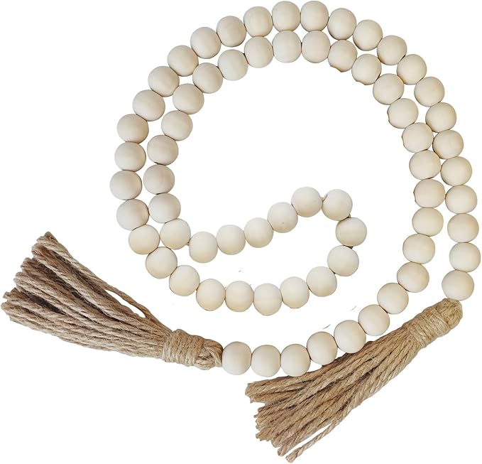 Boho Decor Wood Beads Garland Farmhouse Wall Hanging Decorations Natural Wooden Bead Tassel Decorative for Coffee Table Christmas and Prayer (Nature, 39")