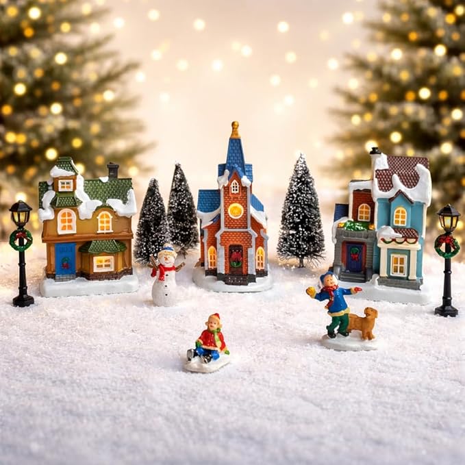 MOMENTS IN TIME Christmas Village Set 12-Piece with LED Lights Miniature Christmas Houses Lighted Holiday Décor for Tabletop Mantel Village Display Gift-Ready Packaging