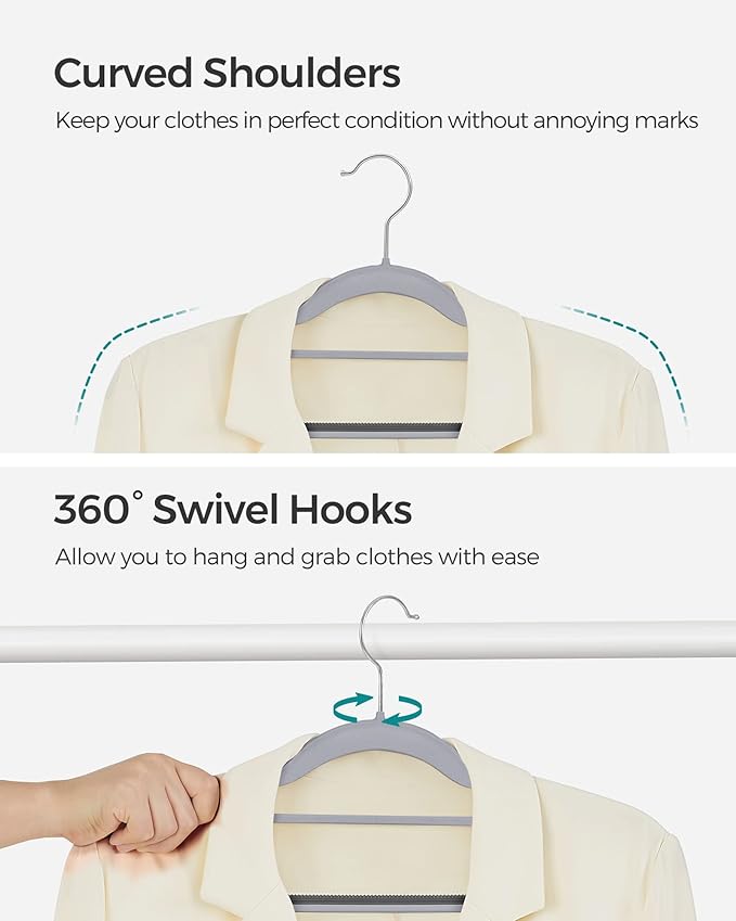 SONGMICS Pack of 100 Coat Hangers, Space-Saving Plastic Clothes Hangers, Non-Slip, 0.2 Inches Slim, 16.5 Inches Wide, 360° Swivel Silver Hook, Light and Dark Gray UCRP020G010