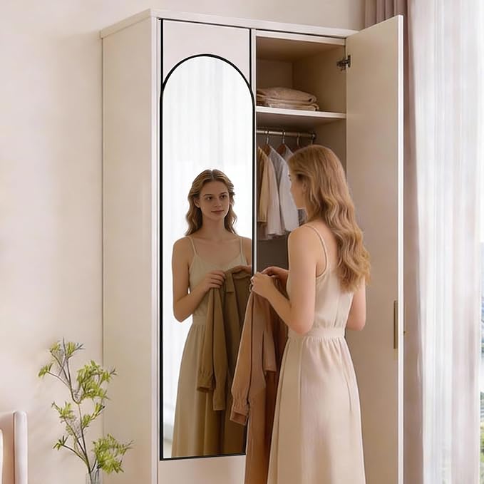 DUMOS 47"x14" Full Length Door Mirror, Arched Full Body Mirror with Aluminum Alloy Thin Frame, Leaning or Hanging, Suitable for Bedroom, Livingroom, Cloakroom, Black