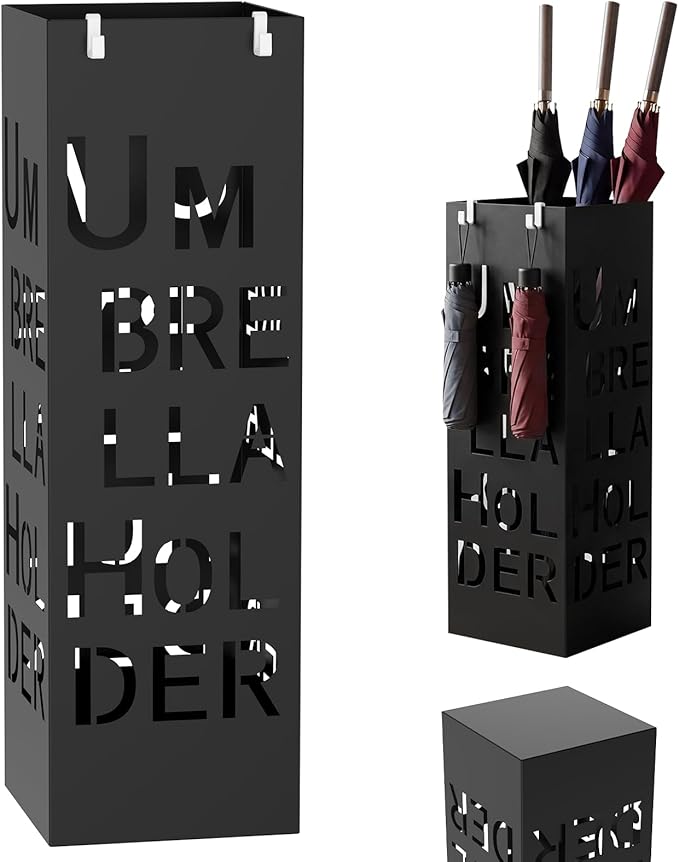 Square Metal Umbrella Holder, Square Free Standing Umbrella Rack Decorative Umbrella Holder Hollow Cutout Pattern Design for Umbrella Cane Entryway Home Office 19.49" X 6.1" X 6.1"(Black hollowed out)