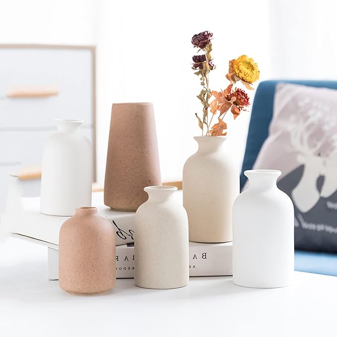 Hirdbrote Small Ceramic Vases for Decor, 2-Piece Set - Flower Vases, Modern Farmhouse & Rustic Home Decor, Wedding & Kitchen Centerpiece (5.5' & 4.7' Tall) (White)