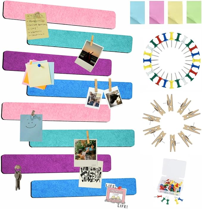 Vuzvuv 8 pcs Bulletin Board Bar Strips with 50 Pushpins & 10 Wooden Clip pins，Self Adhesive Cork Board for Wall，Felt Pin Board for School，Office Decor(Green Blue Pink Purple)