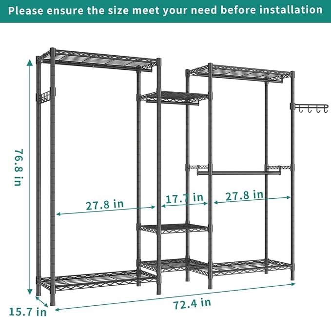 Heavy Duty Garment Rack, Portable Wardrobe Clothes Rack Freestanding Adjustable Clothing Rack with 7 Tiers Adjustable Wire Shelving and 4 Hanger Rods, Max Load 920LBS