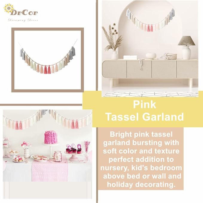 DrCor 16ft Pink & Grey Boho Tassel Garland – Handmade Yarn Bunting Banner for Nursery, Kids Room or Dorm, Baby Shower, Birthday Party Backdrop, or Cozy Home Decor