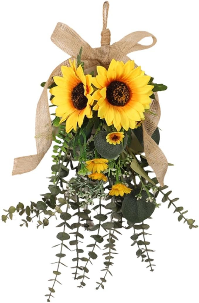 Sunflower Swag Lifelike Rustic with Green Leaves Garland Adornment Spring Summer Door Wreath Flower Swag for Holiday Window