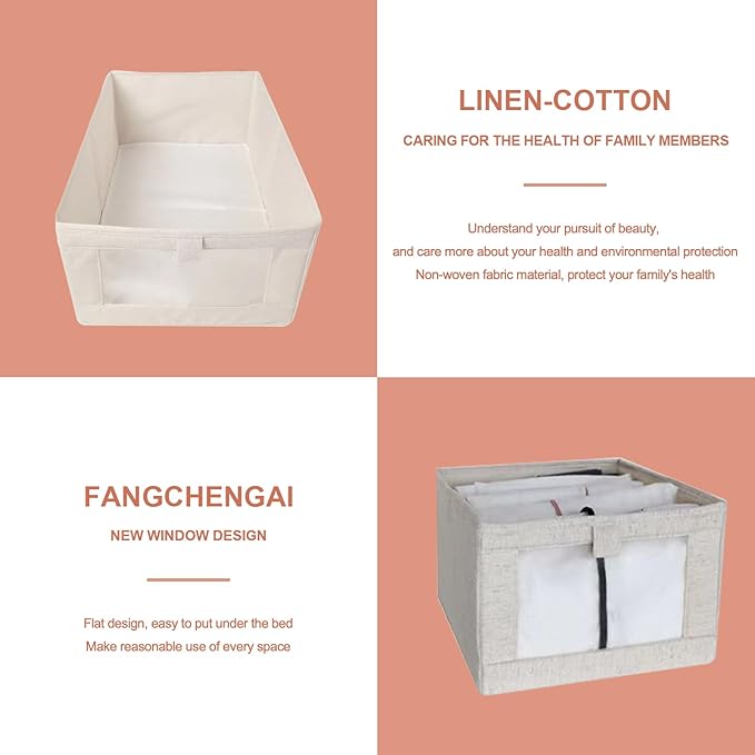 Cotton Linen Drawer Organizer Bins Set of 2 - No Lid Clothes Storage Drawers, Fabric Foldable Stackable Organizers for Closet Bedroom Dorm Underbed Storage