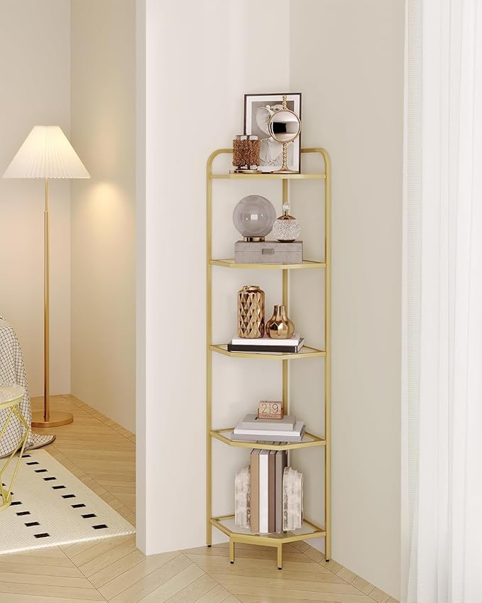 Hzuaneri Corner Shelf Stand, 5-Tier Glass Bookshelf Bookcase, Bathroom Organizer, Plant Stand, Steel Frame, Tempered Glass, Modern Style for Living Room, Bathroom, Kitchen, Golden CS90200G