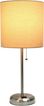 Oslo 19.5" Contemporary Bedside Power Outlet Base Standard Metal Table Desk Lamp in Brushed Steel with Tan Drum Fabric Shade