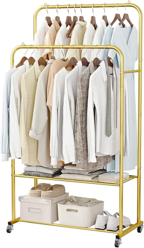 SUOERNUO Clothes Rack with Wheels Garment Rack for Hanging Heavy-Duty Clothing Rack Metal Rolling Clothes Shelves for Bedroom, Closet (Golden)